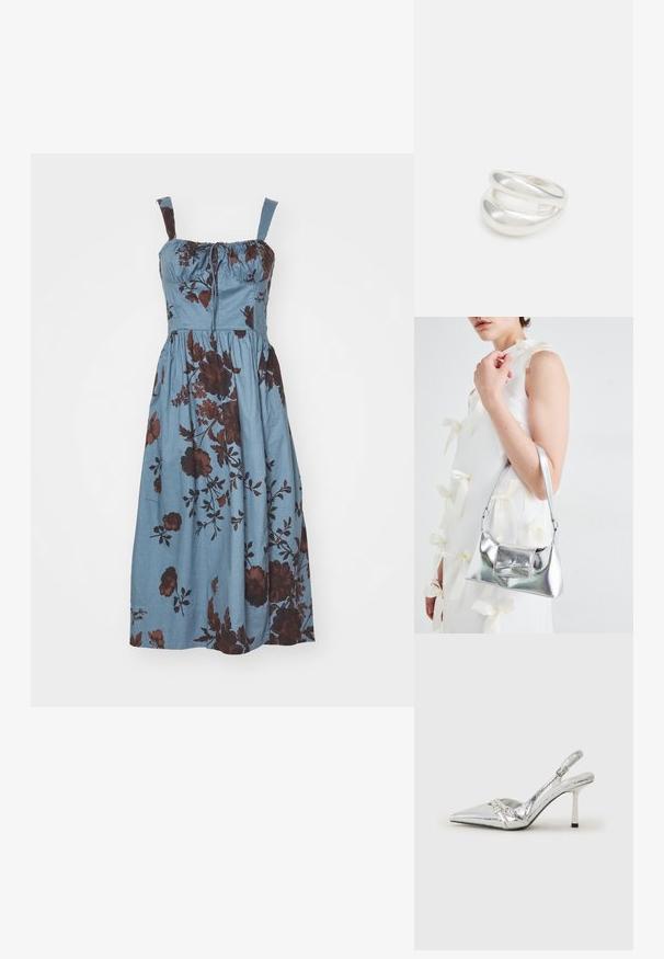 Šviesiai mėlyna be rankovių suknelė su rudais gėlių raštais, surinkta iškirptė ir laisvas sijonas, kuris krenta žemiau kelių.; Sidabriniai slingback aukštakulniai batai su smailia pavadinimu, metaliniu paviršiumi, dviem dekoratyvinėmis juostelėmis ir lieknu kulnu su juodu galiuku.; Sidabrinė metalinė rankinė su struktūrizuota forma, turinti viršutinę rankeną ir kaspiną priekyje. Lygi tekstūra, atspindinti apdaila.; Sidabrinis dvigubas žiedas su lygiu, poliruotu paviršiumi. Pasižymi sklandžiu, kreiptu dizainu su persipinančiomis dalimis, suteikiančiomis modernų išvaizdą.