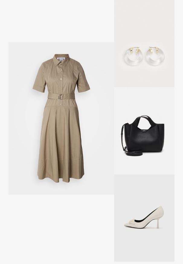 Haki krūšu kleita ar jostu, kas ir aprīkota ar apkakli, īsām piedurknēm, pogu aizdari un plūstošu svārku ar smalkām krokām. Gluda kokvilnas auduma.; Beige augstpapēžu kurpes ar norādītu purngalu, spīdīga ādas materiāla, zelta toņa akcenta detaļa priekšpusē un šaurs stiletto papēdis.; Melna ādas rokassomu ar teksturētu apdari, stūrainu formu, divām rokturiem un regulējamu plecu siksnu. Iezīmē DKNY logotipa akcentu.; Caurspīdīgas akrila gredzenveida auskari ar zelta toņa metāla akcentiem un gludu apdari. Iespējas ir vienmērīgas, apaļas formas dizains.