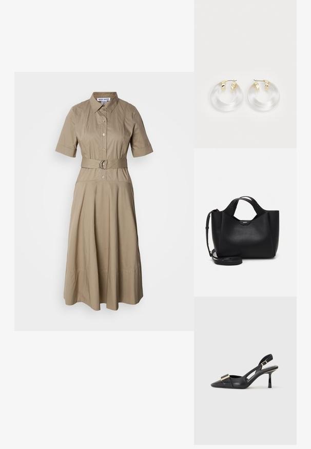 Rochie cămașă bej cu bretele, care prezintă un guler, mâneci scurte, închidere cu nasturi și o fustă fluidă cu plisuri subtile. Fabrică din bumbac neted.; Pantof cu toc slingback din piele neagră, cu vârful ascuțit, toc subțire și accente de hardware în ton de aur pe partea superioară. Textură netedă și design structurat.; Geantă de mână din piele neagră cu finisaj texturat, formă unghiulară, două mânere și o curea de umăr reglabilă. Include un accent cu logo-ul DKNY.; Cercei în forma de inel din acrilic transparent, cu accente din metal de culoare aurie și un finisaj lustruit. Au un design circular, neted.