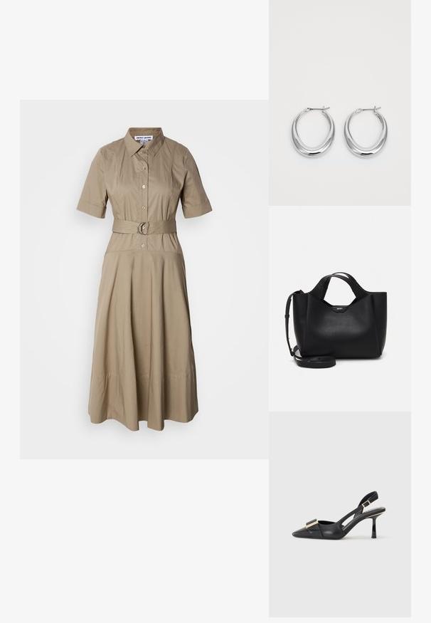 Khaki värillinen vyöllinen paitamekko, jossa on kaulus, lyhyet hihat, napp closures ja virtaava hame, jossa on hienot laskostukset. Sujuva puuvillakangas.; Mustat nahkasaappaat, joissa on kärki, kapea korko ja kultasävyinen koriste etuosassa. Silkkinen pinta ja jämäkkä muotoilu.; Musta nahkalaukku, jossa on tekstuuripinta, kulmikas muoto, kaksinkertaiset kahvat ja säädettävä olkahihna. Mukana DKNY-logo korostus.; Pari di orecchini a cerchio a mezzaluna in argento lucidato con chiusure a cerniera su uno sfondo bianco.