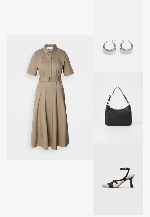 Kaki belted skjortekjole med krage, korte ermer, knappelukking og en flytende skjørt med subtile folder. Glatt bomullsduk.; Sorte helårs sandaler med flettet stroppesdesign, firkantet tå og justerbar ankelrem. Lys beige fotseng med glanset svart hæl.; Svart lærveske med en buet form, en enkelt stropp, glidelåslukking og subtil merkevarebygging på forsiden. Glatt tekstur, minimalistisk design.; Sølvmetalløreringer med en glatt, skinnende overflate og et strukturert, rundet design. Har en hengslet lås for sikker bruk.