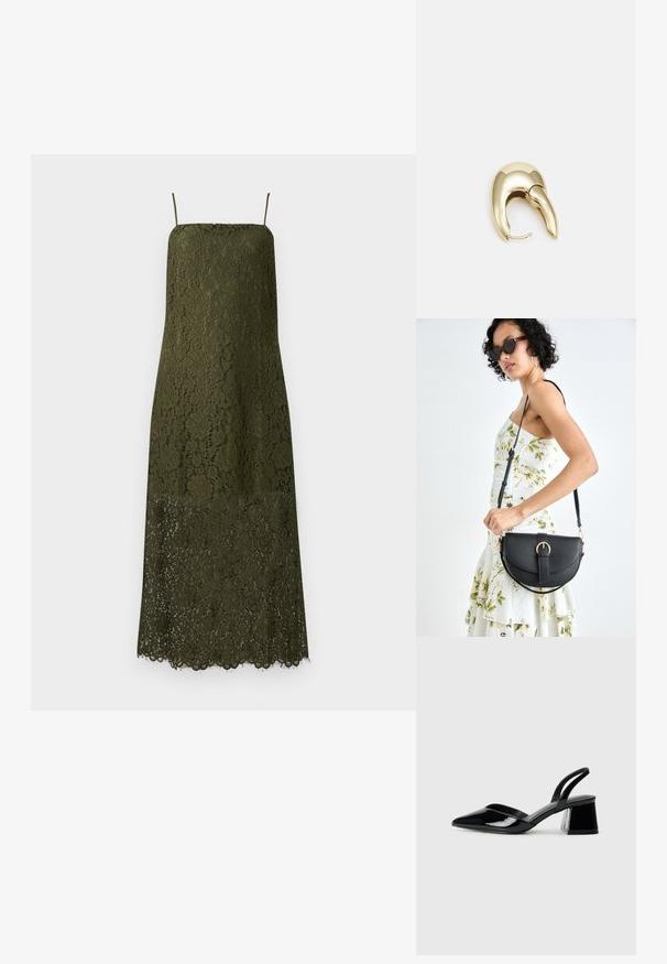 Olīvu zaļš mežģīņu kleita, ar plāniem plecu siksniņām, vidēja garuma, ziedu raksts, viļņota apmale, puscaurspīdīga mežģīņu tekstūra apakšējā daļā.; Melna lakota āda ar atvērto papēdi, ar smailu purngalu un ģeometrisku blokpapēdi. Iezīmējas elegants, minimāls dizains un gluda tekstūra.; Melnas ādas rokassoma ar izliekta formu, noņemamu siksnu un zelta aksesuāriem. Somai ir vāciņš ar sprādzes detaļu.; Zeltīti metāla auskari ar gludu, izliekta dizaina. Ar atšķirīgu smailu formu, pulētu virsmu un eņģu aizdari.