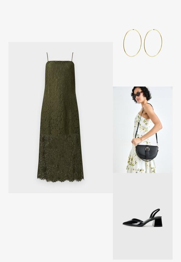 Maslinasta čipkana haljina, sa naramenicama, srednje dužine, cvjetni uzorak, valoviti rub, polu-prozirna čipkasta tekstura na donjem dijelu.; Crne lakirane kožne sandale s otvorenom petom i špicastim vrhom, s geometrijskom blok petom. Imaju elegantan, minimalistički dizajn i glatku teksturu.; Crna kožna torba s lukovitim oblikom, odvojivim remenom i zlatnim detaljima. Torba ima preklop s kopčom.; Zlatne naušnice u obliku kružne petlje, s glatkim i zaobljenim dizajnom. Tanke su i lagane, s kontinuiranom petljom bez dodatnih ukrasa.