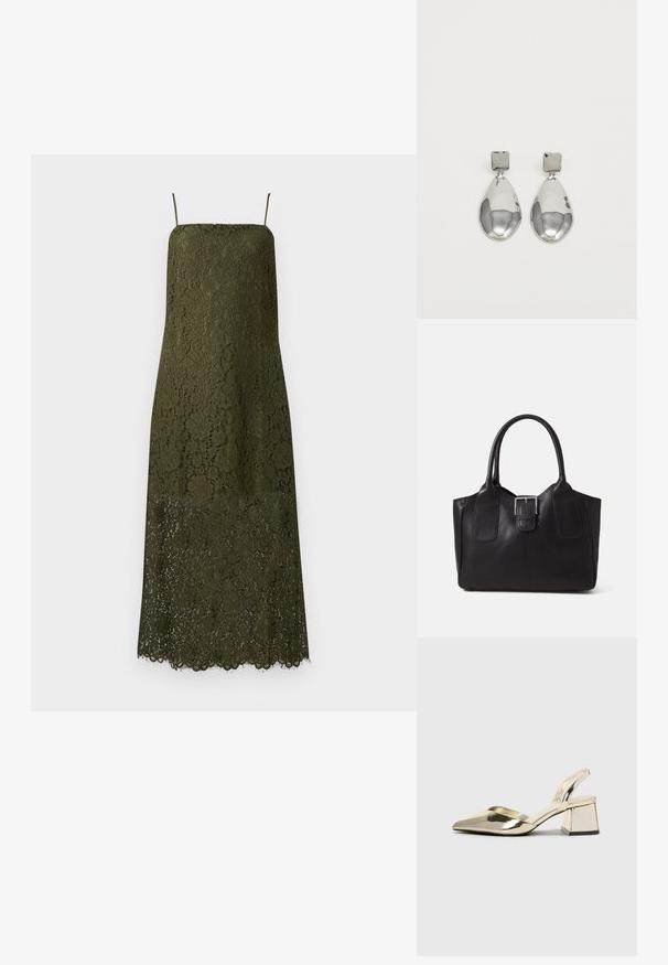 Olive zöld csipke ruha, pántos, közép hosszúságú, virágos minta, hullámos szegély, félig átlátszó csipke textúra az alsó részén.; Arany, fémből készült slingback sarkú cipők hegyes orral és vastag sarokkal. Simaság, minimalista design és keskeny pánt jellemzi.; Fekete bőr bevásárlótáska sima textúrával, strukturált formával, két fogantyúval és egy figyelemfelkeltő ezüst csattal az elején.; Ezüst csepp fülbevalók négyzet alakú fülbevalóval, sima, fényes felülettel és csepp formával, amely fényt tükröz egy fényes felületen.
