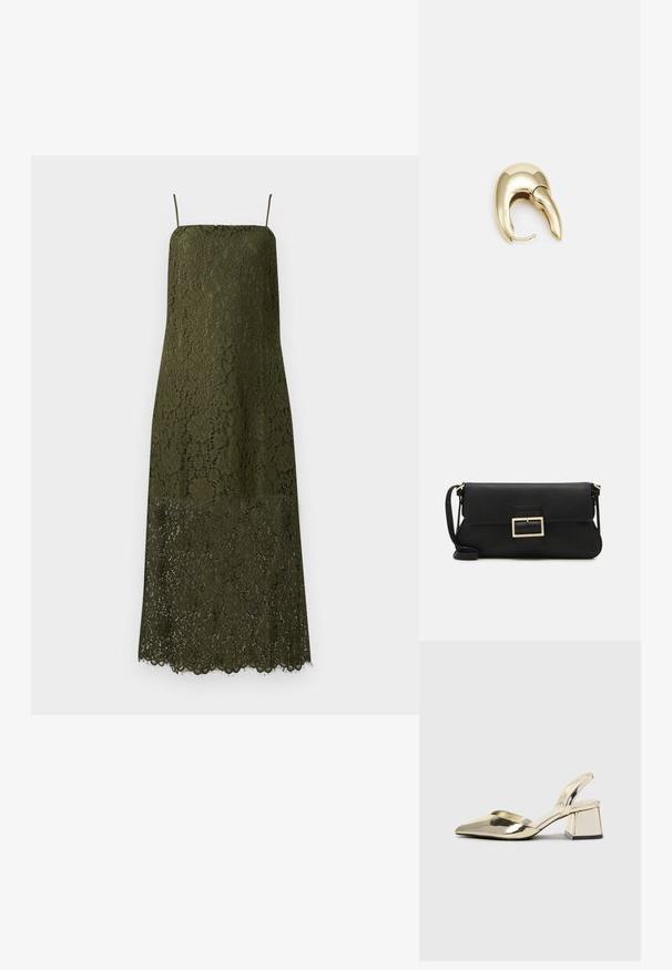 Abito in pizzo verde oliva, con spalline sottili, di lunghezza media, con motivo floreale, orlo ondulato, texture in pizzo semi-trasparente nella parte inferiore.; Tacchi slingback metallici color oro con punta appuntita e tacco grosso. Texture liscia, design minimalista e una cinghia stretta.; Borsa a mano in pelle nera con patta e dettaglio in metallo dorato. Include una tracolla nera e un design elegante e minimalista.; Orecchino in metallo color oro con un design elegante e curvo. Presenta una forma appuntita distintiva, superficie lucida e chiusura a cerniera.