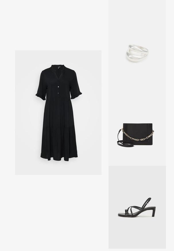 Svart klänning i knälängd med knäppning framtill, korta volangärmar och lagerdesign. Tillverkad i mjukt tyg med en subtil textur.; Svart sandaler med remmar och fyrkantig tå samt låg blockklack. Har flera tunna remmar och en justerbar ankelrem. Tillverkad av mjukt läder.; Svart läder crossbody-väska med en slät yta, rektangulär form och metallickedjedetalj på framsidan. Justerbar rem ingår.; Silver ring med dubbel band och en slät, polerad yta. Har en flödande, böjd design med överlappande sektioner för en modern stil.