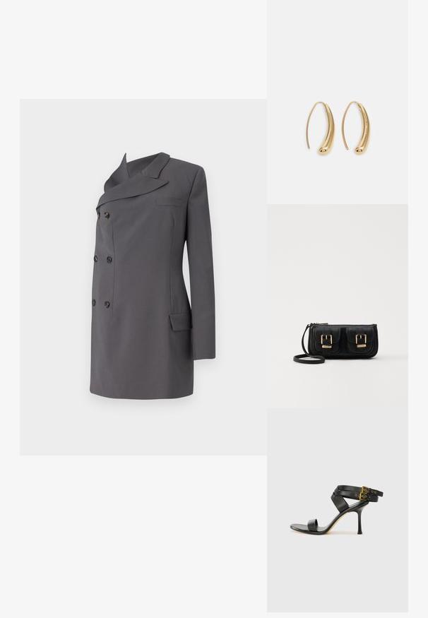 Pilkas dvigubas švarkas su šilkine apykakle, su juodais mygtukais, vienu krūtinės kišeniu ir elegantišku dizainu.; Juodi kulniškų sandalai su kryžminėmis juostelėmis ir reguliuojamu sagtimi. Ypatybė – lygus paviršius ir siauras smailas kulnas.; Juodas odinis per petį nešiojamas krepšys su dviem priekiniais kišenėmis, auksiniais sagtimis, užtrauktuko uždarymu ir siauromis petnešomis. Textūruota paviršius ir kompaktiškas stačiakampis formatas.; Auksinės metalinės auskarų kabės su lenktą, pailgą forma. Turi lygų, blizgantį paviršių ir užapvalintą galiuką papildomam akcentui.