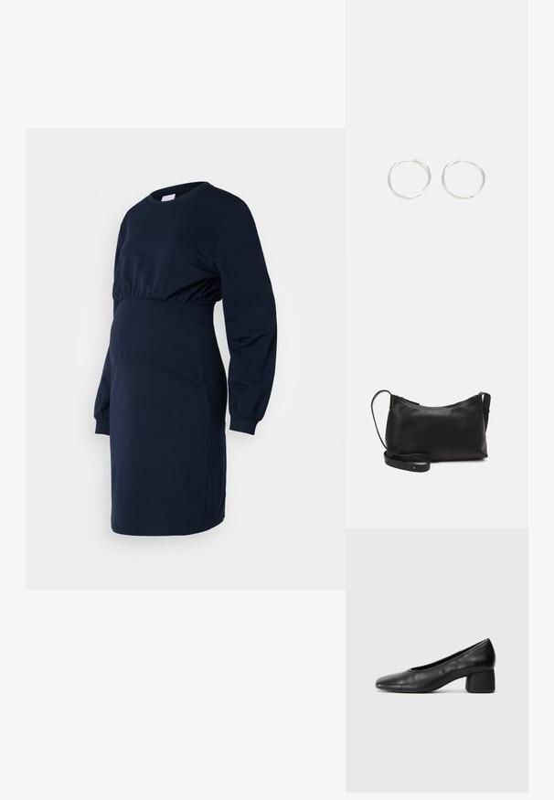 Laivastonsininen odotusmekko, joka on valmistettu pehmeästä kankaasta. Mekossa on pitkät hihat, kerätty vyötärölinja ja rento malli, joka mukautuu kasvavalle vatsalle.; Mustat nahka avokkaat, joissa on pyöristetty kärki ja keskipitkä lohko korko. Sileä pinta, jossa on minimaalinen yksityiskohtaisuus, ja siinä on hillitty elastinen aukko.; Musta nahkainen olkalaukku, jossa on sileä pinta, kaareva muoto, säädettävä hihna ja vetoketjukiinnitys. Minimalistinen muotoilu ilman koristeita.; Hopea rengas korvakorut, joissa on tyylikäs, pyöreä muotoilu, tasainen pinta ja ilman näkyviä koristeita. Halkaisija ei ole määritelty.