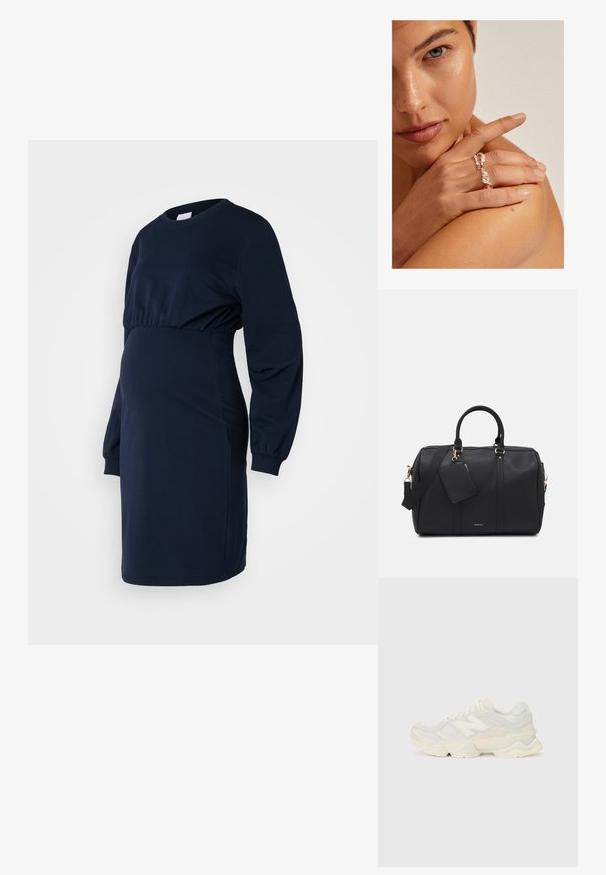 Tumesinine raseduskleit, mis on valmistatud pehmest kangast, sisaldab pikki varrukaid, kokku kogutud talje ja vabalt langenud lõiget, mis mahutab kasvava kõhu.; Kerge tenniseking, mille pealis on valmistatud võrgust ja seemisnahast pehmes kreemitoonis, koos paksu tallaga ja kolmemõõtmeliste aktsentidega.; Mustrooni musta faux nahast duffel kott kuldse riistvaraga, kahekordsete ülemiste käepidemete, reguleeritava õlarihma ja eemaldatava silditaotluse taskuga.; Hõbedane keerdsõrmus tekstuuriga disainiga, kantud käele, mis restingub õlal. Nahatoon on soe ja küüsi on lühikesed.