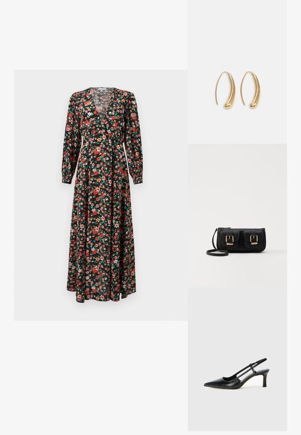 Kvetinové maxi šaty s čiernym podkladom a červenými, ružovými a zelenými kvetmi. Dlhé rukávy, hlboký výstrih do V a splývavý strih.; Čierne patentové slingback topánky na ihlovom podpätku s špicatou špičkou, s textúrovaným hadím vzorom, nastaviteľným popruhom a krátkym, textúrovaným blokovým podpätkom.; Čierna kožená crossbody taška s dvoma prednými vreckami, zlatými sponami, zipsovým uzatváraním a úzkym popruhom. Štruktúrovaný povrch a kompaktný obdĺžnikový tvar.; Náušnice vo forme zlatých kovových kruhov s zakriveným, predĺženým tvarom. Majú hladký, lesklý povrch a zaoblený koniec pre pridanie detailu.