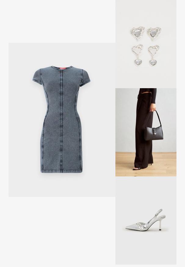 Denim obleka v temno sivi barvi s kratkimi rokavi, okroglo ovratnikom in osrednjim šivnim detajlom. Gladka tekstura, prilegajoč silhueta, do kolen.; Srebrna slingback visoka peta čevlja s špičastim nosom, metalnim finišem, dvema dekorativnima trakama in tanko peto z črnim vrhom.; Črna torbica z strukturirano obliko, gladko teksturo in kovinskim zaponko. Ujemajo se z širokimi črnimi hlačami in odprtimi sandali na lesenem tleh.; Srebrni uhani v obliki srca vsebujejo fasetirane prosojne kamne ter teksturiran okvir. Komplet vključuje stenske in viseče sloge.