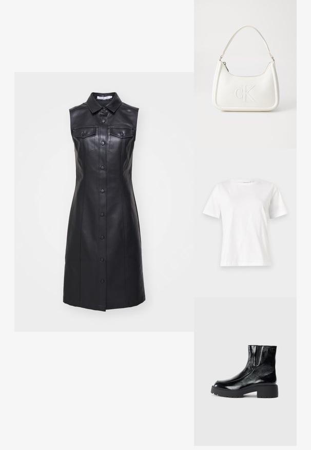 Černé kožené bezrukávové šaty s límečkem, předním zapínáním na knoflíky, dvěma kapsami na prsou a vertikálními švy.; Bílý bavlněný tričko s krátkým rukávem, kulatým výstřihem a volnějším střihem. Hladká textura, bez vzorů nebo akcentů, minimalistický design.; Černé kotníkové boty s lesklým lakovaným povrchem, robustní černou gumovou podešví a zvýšeným podpatkem; obsahují jemný logo detail na boku.; Bílá kožená kabelka s křivkovým tvarem, na přední straně s vyraženým logem "CK" a jediným ramenním popruhem. Zipový uzávěr na vrchu.
