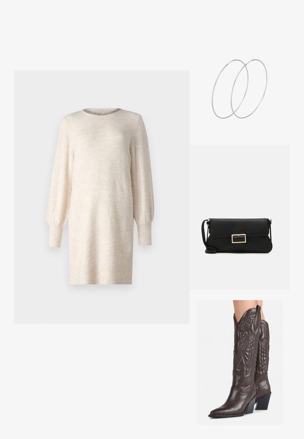 Pletené šaty v off-white barvě s kulatým výstřihem, zdobeným výstřihem a dlouhými nafouknutými rukávy. Obsahují žebrované manžety a lem. Měkká textura.; Hnědé kožené kovbojské boty s špičatou špičkou a blokovým podpatkem, se zdobným prošíváním a vyvýšenými akcenty na nárazu.; Černá kožená psaníčko s klopou a zlatým kovovým detailním sponou. Součástí je černý popruh a elegantní, minimalistický design.; Stříbrné kruhové náušnice s minimalistickým designem. Kruh, hladký povrch a tenký profil. Lehká konstrukce s lesklým povrchem.
