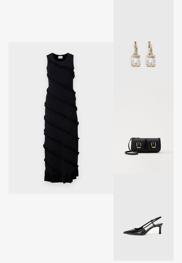 Schwarz ärmelloses Kleid mit diagonalen Rüschendetails, weichem Stoff, langer Länge und ausgestelltem Saum. Minimalistisches Design ohne Verzierungen.; Schwarze Lack-Slingback-Pumps mit spitzem Zehenbereich, versehen mit strukturiertem Schlangenprint, verstellbarem Riemen und einem kurzen, strukturierten Blockabsatz.; Schwarze Leder-Umhängetasche mit zwei vorderen Taschen, goldenen Schnallen, Reißverschluss und einem schmalen Tragegurt. Texturierte Oberfläche und kompakte rechteckige Form.; Ohrringe in Goldfarbe mit einem rechteckigen, durchsichtigen Kristall, der unter einer Reihe kleiner, runder klarer Akzente hängt. Elegantes, modernes Design.