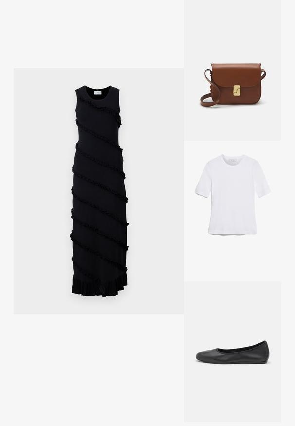 Czarna sukienka bez rękawów z ukośnymi falbanami, miękkiego materiału, długiej długości i rozkloszowanym dołem. Minimalistyczny design bez ozdób.; Biała koszulka krótki rękaw wykonana z materiału prążkowanego. Okrągły dekolt, regularny krój i subtelne detale szwów. Bez wzorów ani grafik.; Czarne skórzane baletki z zaokrąglonym noskiem, gładką fakturą, minimalnymi przeszyciami i elastycznym designem podeszwy.; Brązowa skórzana torebka na ramię z klapką, złotymi detalami, paskiem na ramię i gładką teksturą. Kompaktowy prostokątny kształt.