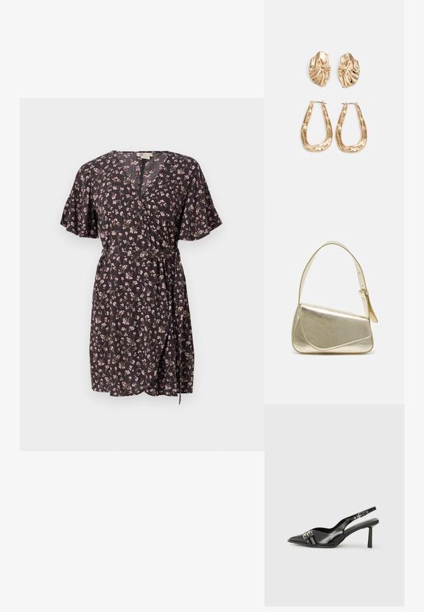 Schwarzes florales Wickelkleid mit kurzen schwingenden Ärmeln, V-Ausschnitt, Taillenge tie und kleinen bunten Blumenmustern überall.; Schwarzer Lackleder Slingback-Schuh mit spitzem Zehenbereich, Knöchelriemen mit silbernen Schnallen und Beschlägen sowie einem schlanken Absatz.; Goldfarbene metallische Handtasche mit strukturiertem Design, glatter Textur und verstellbarem Tragegurt. Sie verfügt über eine einzigartige dreieckige Form und minimalistische Nähte.; Ohrringe in Goldoptik mit strukturierten, gewellten Formen. Beinhaltet skulpturale Clip-Ohrringe und ein offenes Hoop-Design mit gehämmertem Finish.