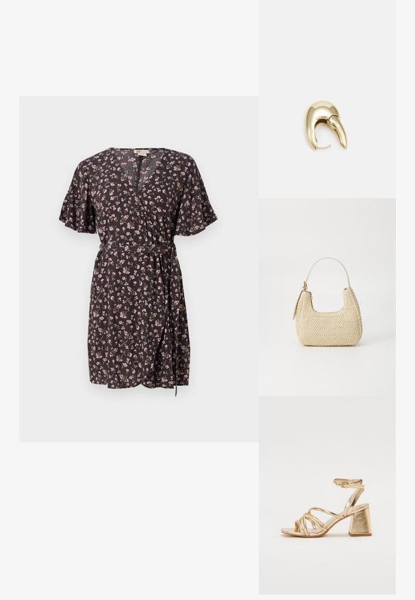 Melna ziedu apģērbs ar īsām plīvuru piedurknēm, ar V-veida kakla izgriezumu, jostu viduklī un maziem daudzkrāsainiem ziedu rakstiem visā virsmai.; Zelta metāla papēžu sandales ar siksnu dizainu, kvadrātveida bloku papēdi un regulējamu potītes siksnu ar sprādzi. Gluda tekstūra.; Aušana salmu rokassoma béigā krāsā ar izliekto formu, īsu rokturi un sānu rāvējslēdzēju. Iespējas teksturēta virsma un minimālistisks dizains.; Zeltīti metāla auskari ar gludu, izliekta dizaina. Ar atšķirīgu smailu formu, pulētu virsmu un eņģu aizdari.