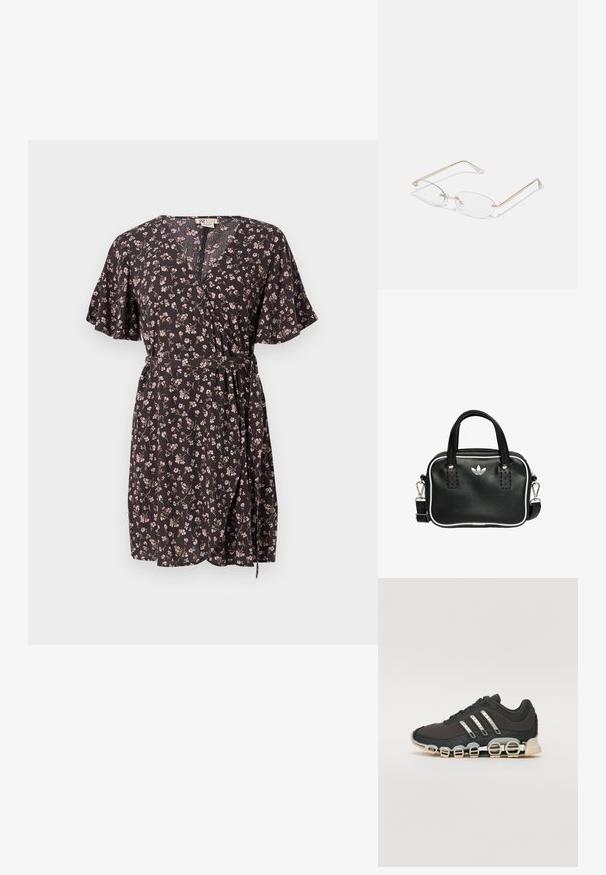Abito avvolgente nero a fiori con maniche a volant corte, caratterizzato da scollatura a V, cintura in vita e piccoli motivi floreali multicolori in tutto l'abito.; Scarpa da ginnastica nera con tomaia testurizzata, tre strisce argentate e una suola ammortizzata distintiva con più sezioni integrate.; Occhiali da vista in metallo dorato con lenti ovali, bracci sottili e nasalini trasparenti. Presentano sottili dettagli sulle cerniere e lenti trasparenti.; Borsa a mano in pelle nera con due manici corti, hardware argentato, dettagli bianchi e un logo bianco. Presenta una superficie strutturata e un design compatto.