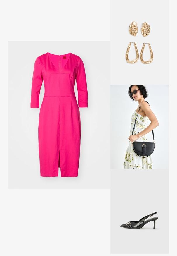 Fuksijas krāsas kleita ar trim ceturtdaļas piedurknēm, V-veida dekoltē, pieguloša forma, līdz ceļgaliem, ar priekšējo atvērumu un diagonālām šuvēm struktūras radīšanai.; Melnā patentēta ādas sandale ar norādītu purngalu, potītes siksniņām ar sudraba sprādzēm un aparatūru, kā arī smalku papēdi.; Melnas ādas rokassoma ar izliekta formu, noņemamu siksnu un zelta aksesuāriem. Somai ir vāciņš ar sprādzes detaļu.; Zelta krāsas auskari ar teksturētām, viļņotām formām. Iekļauts skulpturāls piespraužams modelis un atvērta gredzenveida konstrukcija ar izsistām virsmām.