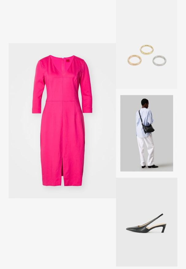 Rochie fuchsia cu mâneci tricou, decolteu în V, croi ajustat, până la genunchi, având o deschidere frontală și cusături diagonale pentru structură.; Pantof cu toc mic, cu vârf ascuțit și slingback, realizat din piele netedă, având un design decupat pe lateral pentru respirabilitate.; Geantă de umăr din piele neagră cu o textură moale, formă triunghiulară și curea ajustabilă, asortată cu o bluză cu dungi albastre deschise și pantaloni albi.; Trei inele din metal: unul roz aurie, unul auriu cu accente texturate și unul argintiu, toate cu branding gravat pe banda interioară.