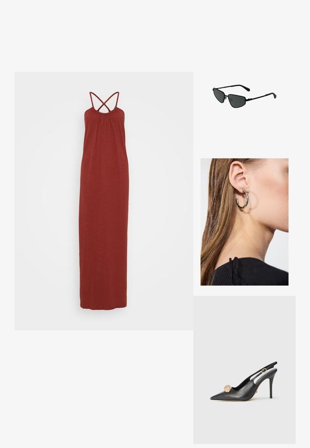 Maksiklērs rūsu krāsā, izgatavots no mīksta auduma. Tam ir savilkta apkakle ar dekoratīvu apdari un krustveida siksnas aizmugurē.; Melnas ādas sandales ar norādītu purngalu, zelta bumbu akcentu un šauru papēdi. Iespējots izgriezums apkārt potītei.; Melnās metāla saulesbrilles ar leņķveida rāmjiem un tumšiem stikliem. Tām ir plānas, taisnas kājas un deguna spilventiņi drošai piegulšanai.; Sudraba auskars ar pulētu apdari, ar maziem zelta akcentiem un apaļu formu, uz ausu ļipiņas.