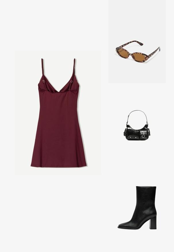 Burgunderfarbendes Slipkleid aus leichtem Stoff, mit V-Ausschnitt, dünnen Trägern und Metallakzenten in der Nähe der Träger, mit ausgestelltem Saum.; Schwarze Knöchelstiefel aus glattem Leder, mit einer spitzen Zehe und einem klobigen rechteckigen Absatz. Minimalistisches Design ohne Verzierungen.; Sonnenbrille aus Schildpatt mit ovalen Gläsern, braun getönt, dünnen Bügeln mit strukturiertem Muster, leichtem Kunststoffrahmen.; Schwarze Lackleder-Handtasche mit geschwungenem Design, einem Schulterriemen, Vordertaschen und silberfarbenen Hardware-Akzenten.