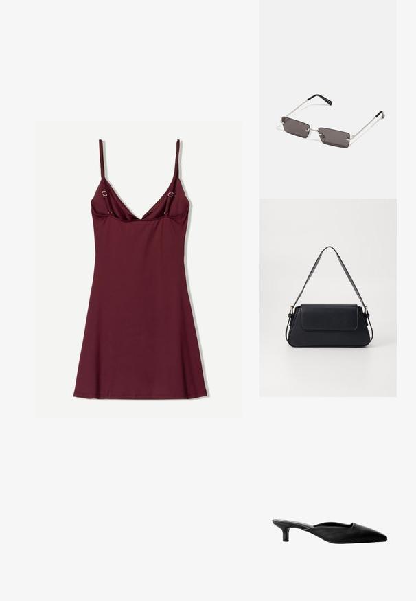 Burgundská minidružná šaty z ľahkej tkaniny, s výstrihom do V, tenkými ramienkami a kovovými detailmi pri ramienkach, s rozšíreným lemom.; Čierne kožené muly na podpätku s špicatou špičkou, otvorenou zadnou časťou a nízkym blokovým podpätkom. Hladká textura s minimalistickým dizajnom.; Slnečné okuliare s obdĺžnikovými, tmavosivými sklami, striebornými kovovými rámami a čiernymi plastovými koncami na rúčkach. Ľahký dizajn s nosovými podložkami.; Čierna kožená kabelka s obdĺžnikovým tvarom, plochým uzáverom a jedným ramenným popruhom. Vyznačuje sa hladkou textúrou a minimom hardvérových akcentov.