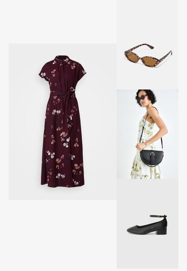 Bordo suknelė trumpomis rankovėmis, gėlėti raštai rožinės ir baltos spalvos, užsegamas apykaklė, aptraukta liemens dalis su užrišimu, plazdanti sijonas.; Juodas odinis aukštakulnis batelis su smailiu pirštu ir žemu bloku. Su kulkšnies dirželiu su auksinės spalvos sagtimi. Lygus paviršius.; Kaktašiai akiniai nuo saulės su ovaliais objektyvais, rudi, ploni laikikliai su tekstūruotu raštu, lengvas plastikinis rėmas.; Juodas odinis krepšys su išlenkta forma, nuimamu dirželiu ir auksiniais detalėmis. Krepšys turi kilpą su sagtimi.; Sidabrinis dvigubas žiedas su lygiu, poliruotu paviršiumi. Pasižymi sklandžiu, kreiptu dizainu su persipinančiomis dalimis, suteikiančiomis modernų išvaizdą.