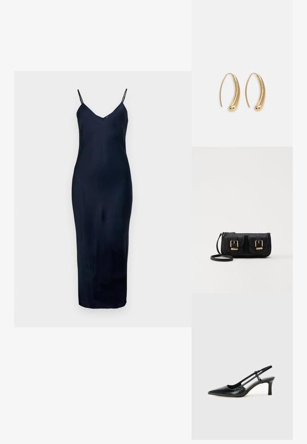 Námornícka modrá, bezrukávová šaty s tenkými ramienkami, V-výstrihom, hladkou textúrou a priliehavým strihom, dosahujúcim do polovice lýtok.; Čierne patentové slingback topánky na ihlovom podpätku s špicatou špičkou, s textúrovaným hadím vzorom, nastaviteľným popruhom a krátkym, textúrovaným blokovým podpätkom.; Čierna kožená crossbody taška s dvoma prednými vreckami, zlatými sponami, zipsovým uzatváraním a úzkym popruhom. Štruktúrovaný povrch a kompaktný obdĺžnikový tvar.; Náušnice vo forme zlatých kovových kruhov s zakriveným, predĺženým tvarom. Majú hladký, lesklý povrch a zaoblený koniec pre pridanie detailu.