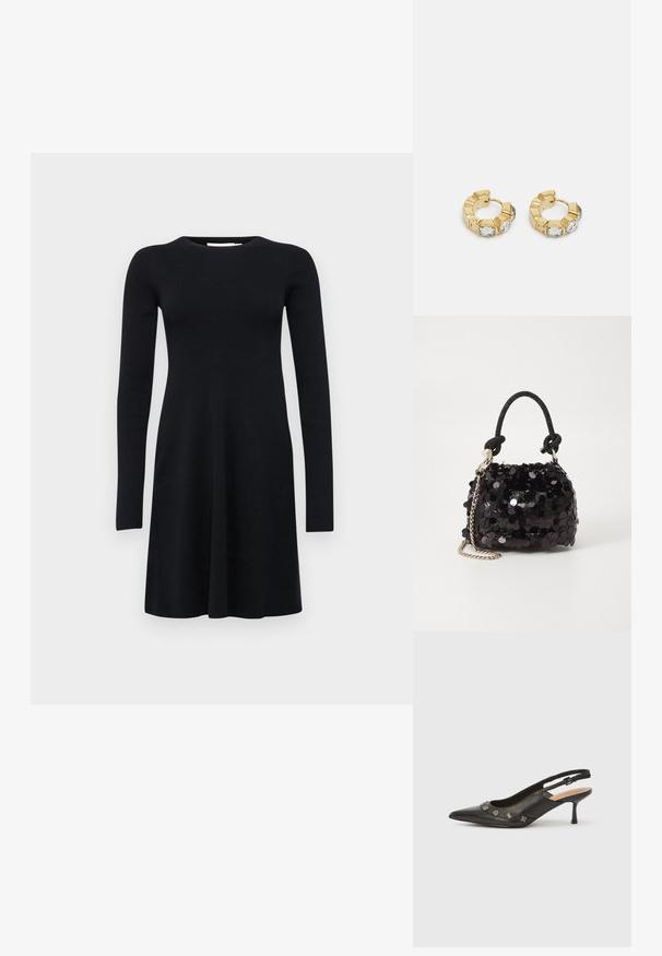Calvin Klein Jeans CK INTARSIA - Haljina s naramenicama - black; Crna kožna cipela s naramenicom, špičastim vrhom, malom potpeticom i ukrasnim metalnim detaljima uz prednju otvoreninu. Glatka tekstura.; Crna mini torbica sa šljokicama, s čvorastim teksturiranim remenom i srebrnim lancem. Zaobljenog oblika s naboranim vrhom i reflektivnim detaljima.; Zlatne okrugle naušnice s teksturiranim dizajnom i tri prozirne kristalne akcenta s jedne strane, nudeći modernu geometrijsku estetiku.