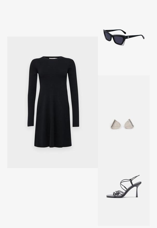 Calvin Klein Jeans CK INTARSIA - Pulóverruha - black; Fekete magas sarkú szandálok vékony pántokkal, csomózott mintával, sima négyzetes orral és karcsú stiletto sarkal rendelkeznek.; Fekete, nagyméretű napszemüveg geometrikus formával, sötét lencsékkel és kontrasztos szürke részlettel a kereten. Logó a szárán.; Ezüst fém fülbevalók sima, csepp alakú formával és fényes felülettel. Finom gravírozások teszik részletessé. Minimalista dizájn.