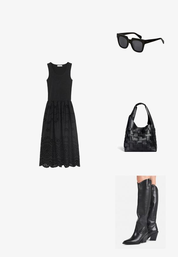 Vestido negro sin mangas con un cuerpo ajustado y una falda acampanada, intrincadamente bordada, con patrones florales recortados.; Botas de cuero negras hasta la rodilla con puntera puntiaguda, caña curvada y tacón grueso. Presentan una textura suave y tiradores en la parte superior.; Gafas de sol rectangulares negras con montura de plástico grueso y lentes oscuros. Las varillas son elegantes con un acabado brillante y una marca mínima.; Bolso tote tejido de cuero negro con una forma relajada y una amplia correa para el hombro. Presenta un diseño texturizado entrelazado con un acabado suave.