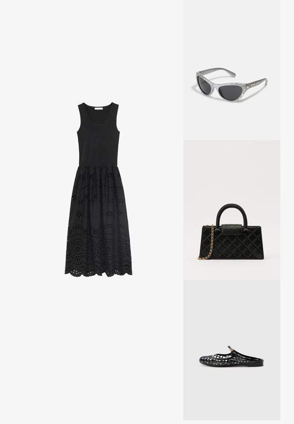 Svart ärmlös klänning med en åtsittande liv och en utsvängd, intrikat broderad kjol med utskurna blommönster.; Tory Burch MELLOW MARY JANE - Platt slip-in - perfect black/gold; Silvriga kattöga-solglasögon med mörka linser, dekorerade med klara ädelstensaccentueringar längs bågen. Matt finish med böjd tempeldesign.; Svart handväska i strukturerad läder med diamantmönster, guldfärgad kedjestrapsrem och ett topphandtag med logotyp-präglad lockstängning.