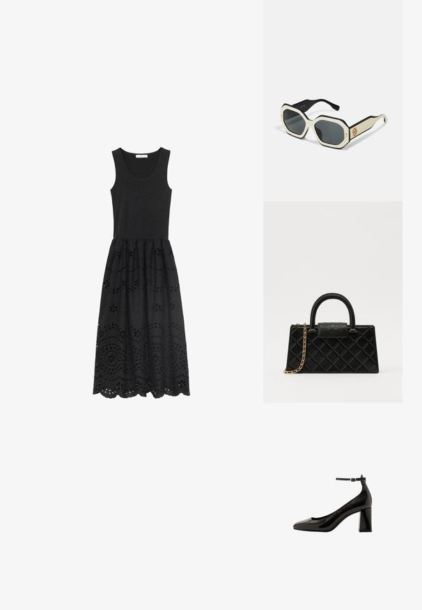 Black sleeveless dress featuring a fitted bodice and a flared, intricately embroidered skirt with cut-out floral patterns.; Black patent leather ankle strap pump with a glossy finish, pointed toe, and a thick block heel. Smooth texture, minimal detailing.; Sunglasses with an octagonal white frame, black edges, and gray lenses. Gold logo detail on the side adds a distinctive accent.; Black handbag made of textured leather, featuring a diamond pattern, gold-tone chain strap, and a top handle with a logo-embossed flap closure.