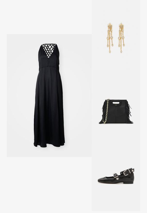 Juodas maxi suknelė su V formos iškirpte ir kryžminiais petnešomis ant nugaros. Lengvas audinys, tekantis siluetas ir žemiau kulkščių siekiantis kirpimas.; Juodas lakinės odos plokščias batelis su kvadratiniu pirštu, kulkšnies dirželiu su sidabro detalėmis ir plokščiu padu. Sklandus paviršius su minimalistišku dizainu.; Juodas odinis rankų darbo rankinys su frinzuotomis detalėmis, auksine grandinės petneša ir išpjauto dizaino rankena. Pirmoje pusėje yra logotipo vieta.; Aukso spalvos auskarai su keliais kaskadiniais grandinėlėmis, su skaidriais ovaliais kristalų akcentais ir dekoratyviniais auskarų priekiais.