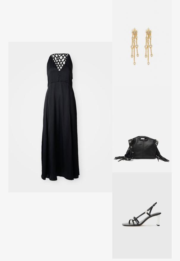 Mustapuku, jossa on V-pääntie ja ristikkäin nauhadesign selässä. Kevyt kangas, virtaava siluetti ja nilkkapituinen leikkaus.; Musta korolliset sandaalit, joissa on useita kapeita hihnoja, slingsback-muotoilu ja hopeinen yksityiskohta kantapään kohdalla. Sileä päällismateriaali ja neliömäinen korko.; Maje MISS MINI - Olkalaukku - noir; Kultaketjua roikkuvat korvakorut, joissa on useita putoavia ketjuja, ja selkeitä ovaaleja rhinestone-akselteja sekä koristeelliset niittitoppaukset.