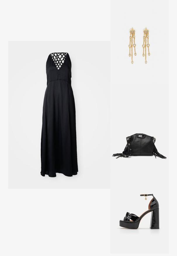 Juodas maxi suknelė su V formos iškirpte ir kryžminiais petnešomis ant nugaros. Lengvas audinys, tekantis siluetas ir žemiau kulkščių siekiantis kirpimas.; Maje Aukštakulniai sandalai - noir; Maje MISS MINI - Rankinė per petį - noir; Aukso spalvos auskarai su keliais kaskadiniais grandinėlėmis, su skaidriais ovaliais kristalų akcentais ir dekoratyviniais auskarų priekiais.