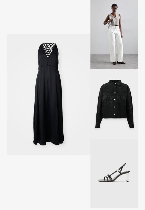 Rochie maxi neagră cu decolteu în V și design cu bretele încrucișate pe spate. Țesătură ușoară, siluetă fluidă și croială până la glezne.; Cămașă neagră, cu nasturi, cu guler, realizată dintr-un material texturat și cu aplicații metalice dispersate. Un buzunar pe piept, pe partea stângă.; Sandale negre cu toc înalt, cu mai multe curele înguste, design slingback și un accent argintiu pe toc. Material superior neted și toc pătrat.; Vest gri scurt cu nasturi, asortat cu blugi albi evazați și pantofi negri fără toc. Accesorizat cu o geantă mică cu franjuri din argint.