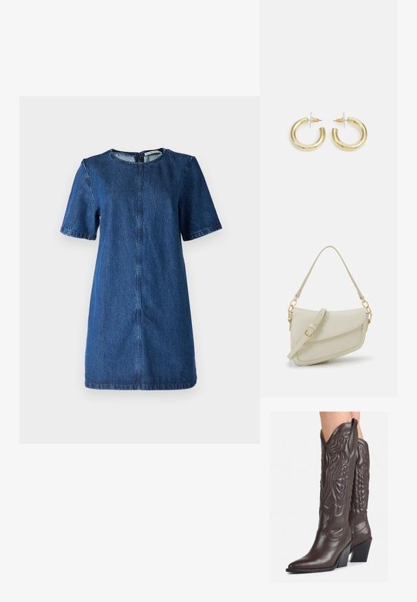 Traper haljina tamnoplave boje, kratkih rukava, okruglog izreza, do koljena, s vidljivim šavovima i zatvaranjem na patentni zatvarač na leđima.; Smeđe kožne kauboj čizme s šiljastim vrhom i blok-potpeticom, s detaljno izvezenim šavovima i uzdignutim naglascima na okovu.; Mala krem torbica s teksturiranim finišom, dugačkim podesivim remenom, lančanim detaljem i preklopom. Zlaćani hardver.; Zlatne kružne naušnice s glatkom, sjajnom završnom obradom. Kružni dizajn s malom potporom i prozirnom podlogom za sigurno nošenje.