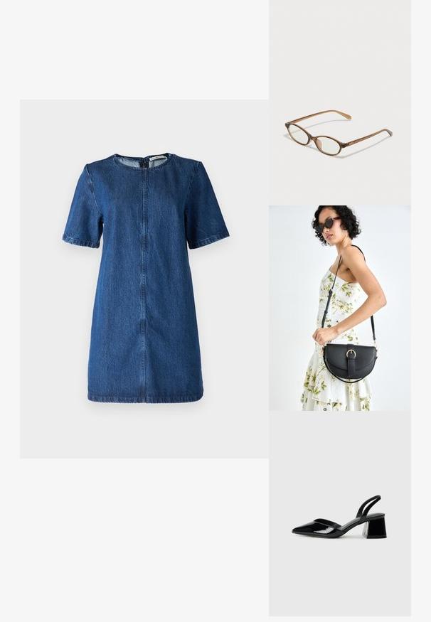 Sötétkék farmerruha, rövid ujjakkal, kerek nyakkivágással, térd fölé érő hosszúsággal, látható varrással és cipzáras záródással a hátsó oldalon.; Fekete lakk bőr szandálkés magas sarkú cipő, hegyes orral és geometrikus tömbsarkakkal. Karcsú, minimalista dizájn és sima textúra jellemzi.; Barna teknős páncélmintás szemüveg, ovális lencsékkel, vékony szárakkal és átlátszó részletekkel. A templomon diszkrét logó található. Elegáns, könnyű dizájn.; Fekete bőrtáska ívelt formával, levehető pánttal és arany színű fémrészekkel. A táskán egy csattal díszített fedél található.