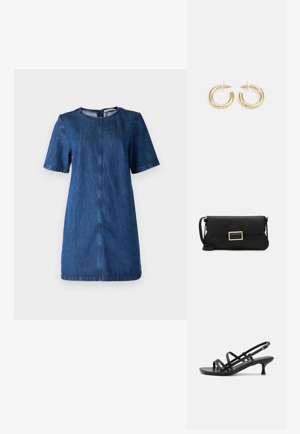 Tumesinine denimmüts, lühikeste varrukatega, ümar kaelus, põlve pikkune, nähtava õmblusega ja seljaosa lukuga.; Mustad musta kandaga sandaalid, millel on mitmed risti minevad rihmad. Sile materjal, terav nina ja kitsas konts. Reguleeritav pahkluuri rihm klambriga.; Must haben musta nahkklahviga kott, millel on klapp ja kuldne metallist pandla detail. Kaasas must rihm ja stiilne, minimalistlik disain.; Kuldne rõngassõrmused sileda ja läikiva viimistlusega. Ringikujuline disain, millel on väike post ja selge tagumine külg, et tagada kindel kandmine.