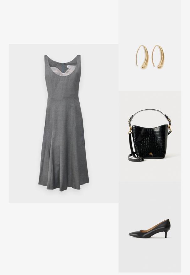 Pelēks bezpiedurkņu kleita ar apaļu kakla izgriezumu, izplūdušu svārku un slēptu aizmugures rāvējslēdzēju. Izgatavota no teksturēta auduma ar gludu oderi.; Melnas ādas augstpapēžu kurpes ar pīlādžu purngalu, zemu papēdi un gludu virsmu. Raksturīga neliela atvere priekšā un minimāls aprīkojums aizmugurē.; Melnas krokodila raksts ādas soma ar izliekta formu, zelta aparatūru, regulējamu siksnu un logotipa detaļu priekšpusē.; Zelta toņu metāla gredzena auskari ar izliektu, pagarinātu formu. Ar gludu, spīdīgu virsma un noapaļotu galu papildu detaļām.