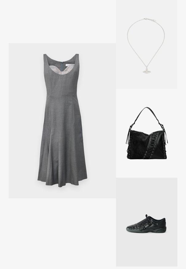 Graues ärmelloses Kleid mit Rundhalsausschnitt, schwingendem Rock und verdecktem Reißverschluss im Rücken. Hergestellt aus strukturiertem Stoff mit einer glatten Futter.; Schwarzer, lederner Sportschuh mit einem gesteppten Design, abgerundeter Spitze, Schnürung vorne und Gummisohle. Mit dezentem Branding an der Seite.; Desigual Umhängetasche - black; Silberne Halskette mit einer zarten Kette und einem ovalen Anhänger, der aufwendige Details und einen kleinen Edelsteinakzent aufweist.