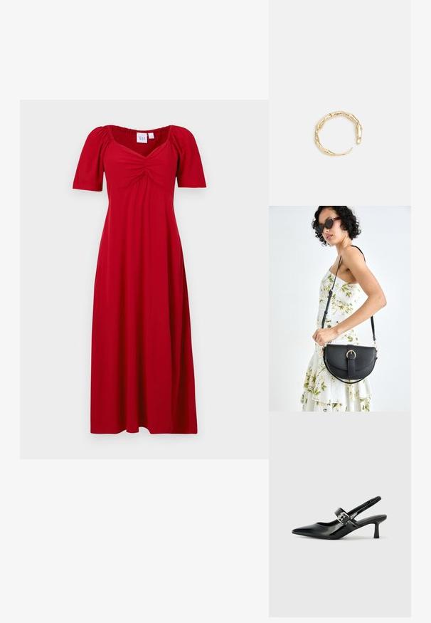 GAP PUFF SWEETHEART - Freizeitkleid - sled; Schwarze Lackleder Slingback-Absätze mit spitzem Zeh und kleinem Blockabsatz, ausgestattet mit einem silbernen Schnallenakzent am Riemen.; Schwarze Lederhandtasche mit geschwungener Form, abnehmbarem Tragegurt und goldenen Beschlägen. Die Tasche verfügt über einen Deckel mit einer Schnallen-Details.; Goldfarbener Ring mit einem organischen, gedrehten Design, glatter Oberfläche und sich verjüngenden Enden, was ein modernes, skulpturales Erscheinungsbild erzeugt.