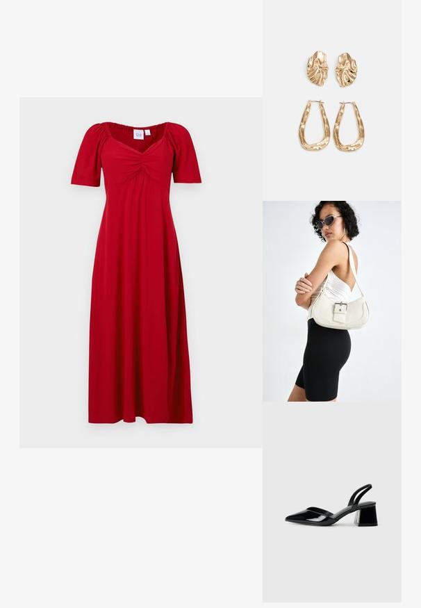 GAP PUFF SWEETHEART - Jurk - sled; Zwarte gepatineerde leren slingback hakken met een spitse neus en een geometrische blokhak. Kenmerkt zich door een slank, minimalistisch ontwerp en een gladde textuur.; Witte leren handtas met een gebogen vorm, verstelbare schouderriem en een klein gesp detail. Model draagt een strakke zwarte outfit.; Gouden oorbellen met een getextureerd, golvend ontwerp. Bevat sculpturale clip-on studs en een open ringontwerp met een gehamerd oppervlak.