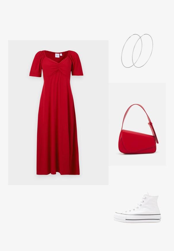 GAP PUFF SWEETHEART - Hverdagskjole - sled; Hvide høje kanvas sneakers med sort gummisål, gummitåhætte foran og seks øjehuller til snørebånd, der har et rent, minimalistisk design.; Rød læderhåndtaske med et kantet, geometrisk design. Har en enkelt justerbar rem og en klaplukning med syede detaljer.; Sølvøreringe med et minimalistisk design. Cirkulær form, glat tekstur og tynd profil. Letvægtige med en poleret overflade.