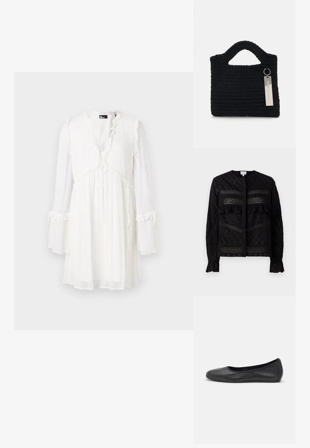 Biała sukienka z długim rękawem, dekoltem w szpic, falbaniastymi brzegami i związaną w talii sznurkiem. Wykonana z lekkiego, przezroczystego materiału.; Czarna bluzka z okrągłym kołnierzykiem, z przezroczystymi panelami z koronki, akcentami falbanek i teksturowanymi wzorami. Długie rękawy z elastycznymi mankietami.; Czarne skórzane baletki z zaokrąglonym noskiem, gładką fakturą, minimalnymi przeszyciami i elastycznym designem podeszwy.; Won Hundred MARSIELLE UNISEX czarny