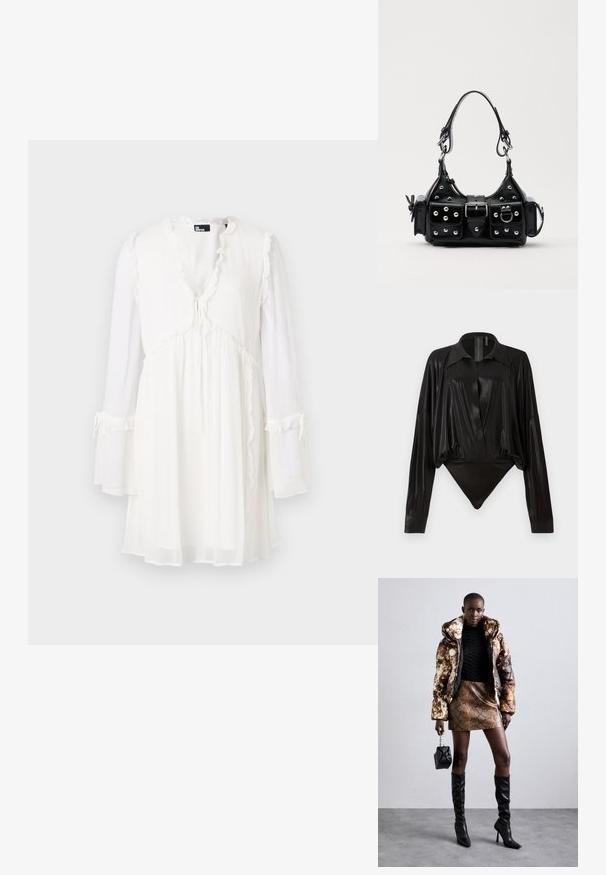 White long-sleeve dress with a V-neck, ruffled edges, and a drawstring tie at the waist. Made from lightweight, sheer fabric.; Black bodysuit with long sleeves, V-neck, and a fitted silhouette. Made of shiny, smooth fabric with a structured collar and cuffs.; Puffer jacket with a brown and black pattern, paired with a brown snake print mini skirt, black knee-high boots, and a small black bag.; Black leather handbag with a curved design, featuring silver studs, a buckle, and two side pockets. Adjustable strap for carrying options.