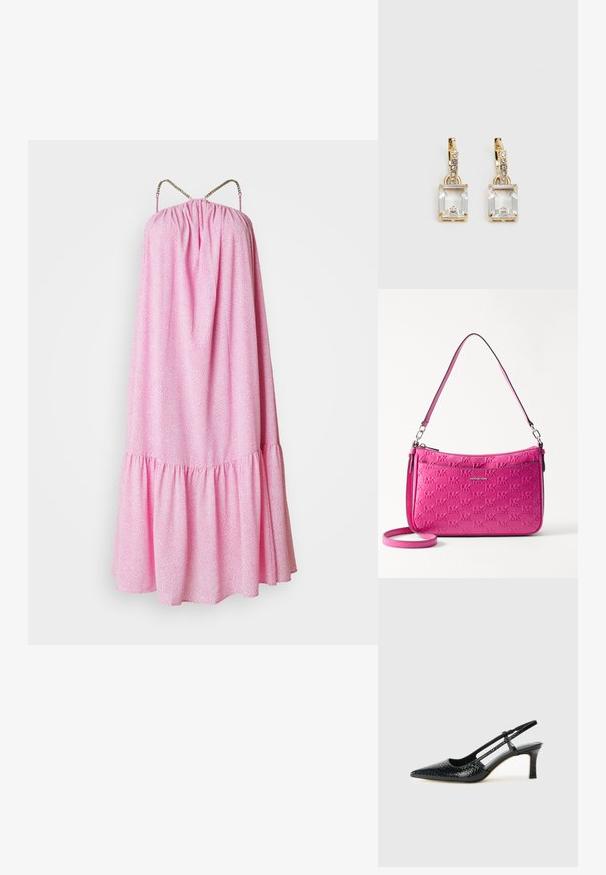 Rosa, ärmelloses Kleid mit gerafftem Oberteil, Rüschensaum und dekorativen Kettenträgern. Verfügt über ein strukturiertes Muster über das gesamte Kleid.; Schwarze Lack-Slingback-Pumps mit spitzem Zehenbereich, versehen mit strukturiertem Schlangenprint, verstellbarem Riemen und einem kurzen, strukturierten Blockabsatz.; Kleine rosa Handtasche aus strukturiertem Leder, mit geprägtem Logo-Muster, einem Reißverschluss und einem verstellbaren Tragegurt.; Ohrringe in Goldfarbe mit einem rechteckigen, durchsichtigen Kristall, der unter einer Reihe kleiner, runder klarer Akzente hängt. Elegantes, modernes Design.