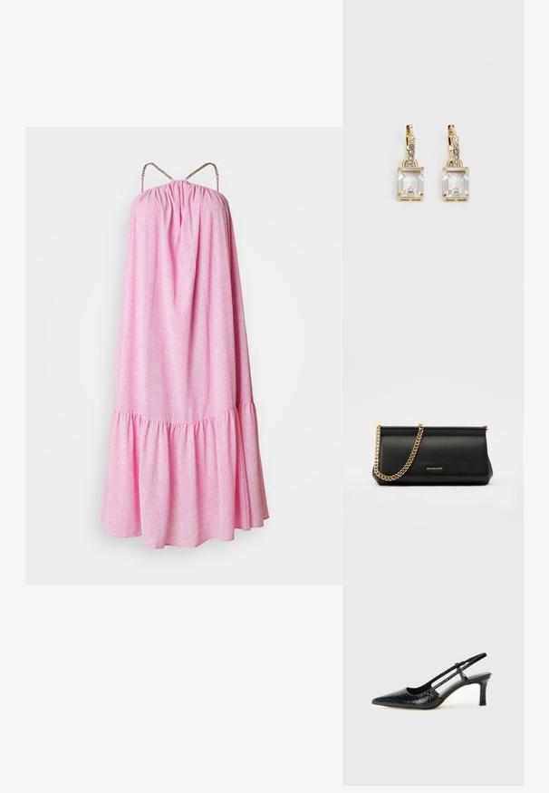 Roze, mouwloos jurk met een geraffineerde lijfje, gerimpelde zoom en decoratieve kettingbanden. Heeft een gestructureerd patroon over het geheel.; Zwart patent slingback hak met een spitse neus, voorzien van een gestructureerde slangenprint, verstelbare band en een korte, gestructureerde blokhak.; Zwarte leren clutch tas met een gouden kettinghengsel, voorzien van een gladde textuur, rechthoekige vorm en reliëfmerk op de voorkant.; Gouden oorbellen met een rechthoekige, heldere kristal die onder een rij kleine, ronde heldere accenten hangt. Strak, modern ontwerp.